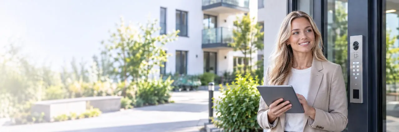 Digitaalinen kulunvalvonta modernin taloyhtiön sisäänkäynnillä